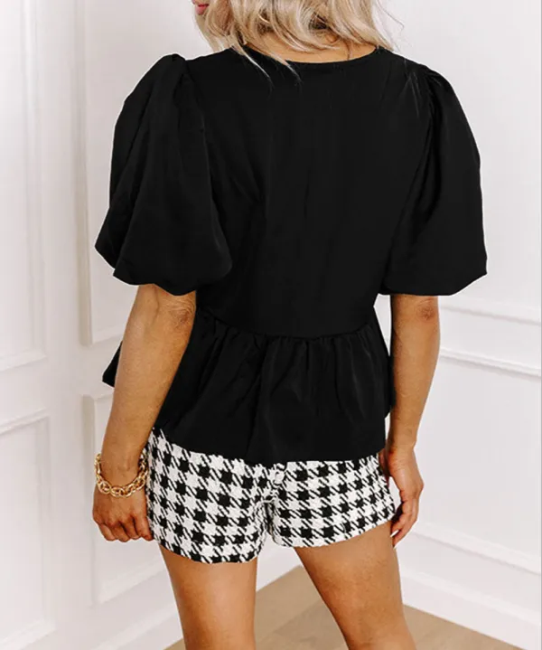 Black Puff Sleeve Bowknot Front Peplum Blouse