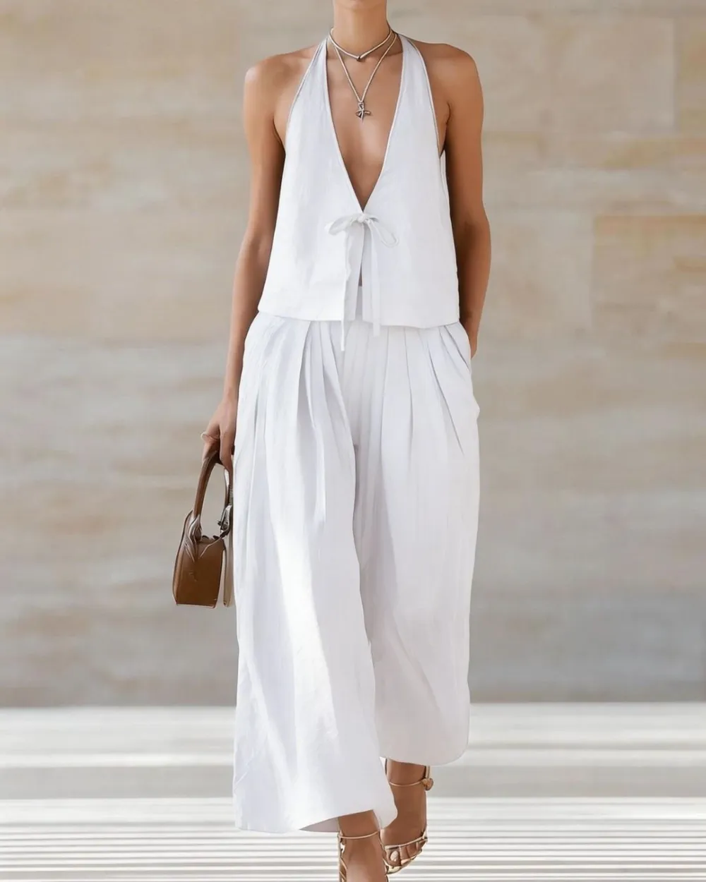 Sleeveless Vest and Wide-Leg Pants Set Two-Piece Lace-Up Outfit