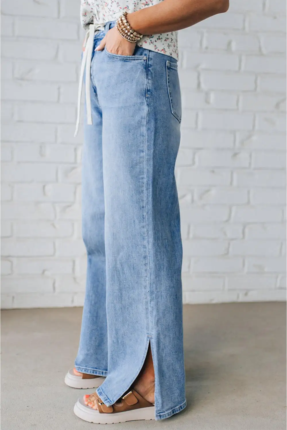 High Waist Drawstring Slit Denim Jeans