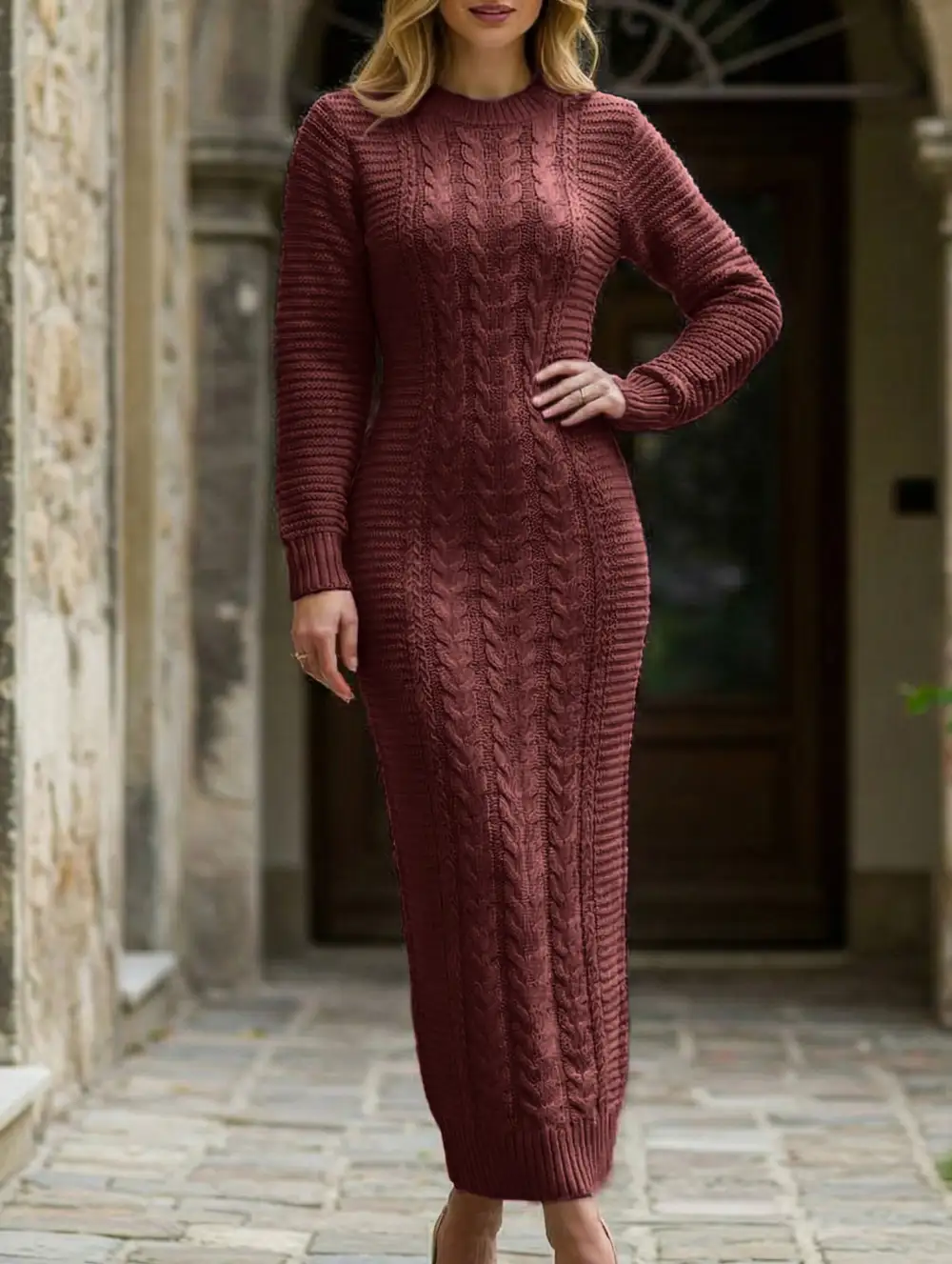Cable Knit Long-Sleeved Wool Dress