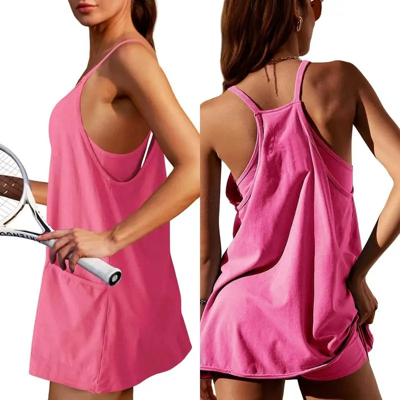 Women'S Womens Athletic Sleeveless Mini Dress With Built-In Shorts V Neck Spaghetti Strap Short Tennis Dress With Pockets