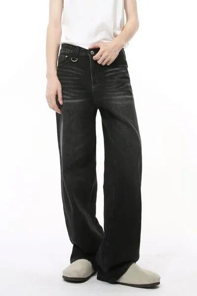 Washed Pocketed Stretch Wide Straight Jeans