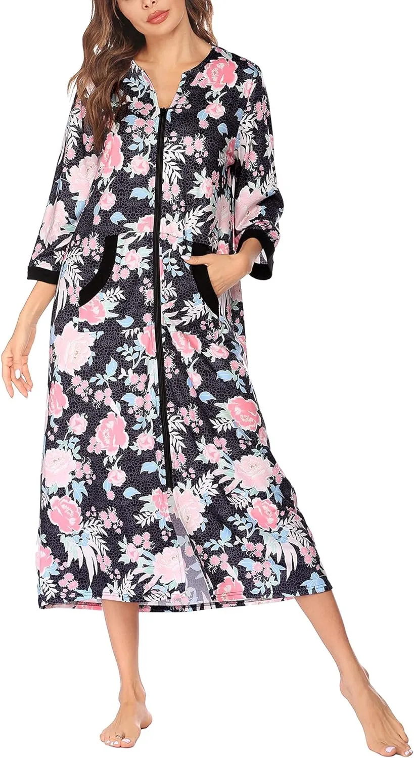 50% OFF Women Zipper Robe 3/4 Sleeves Loungewear Dress Full Length Sleepwear Pockets Housecoat Nightgown Long Bathrobe