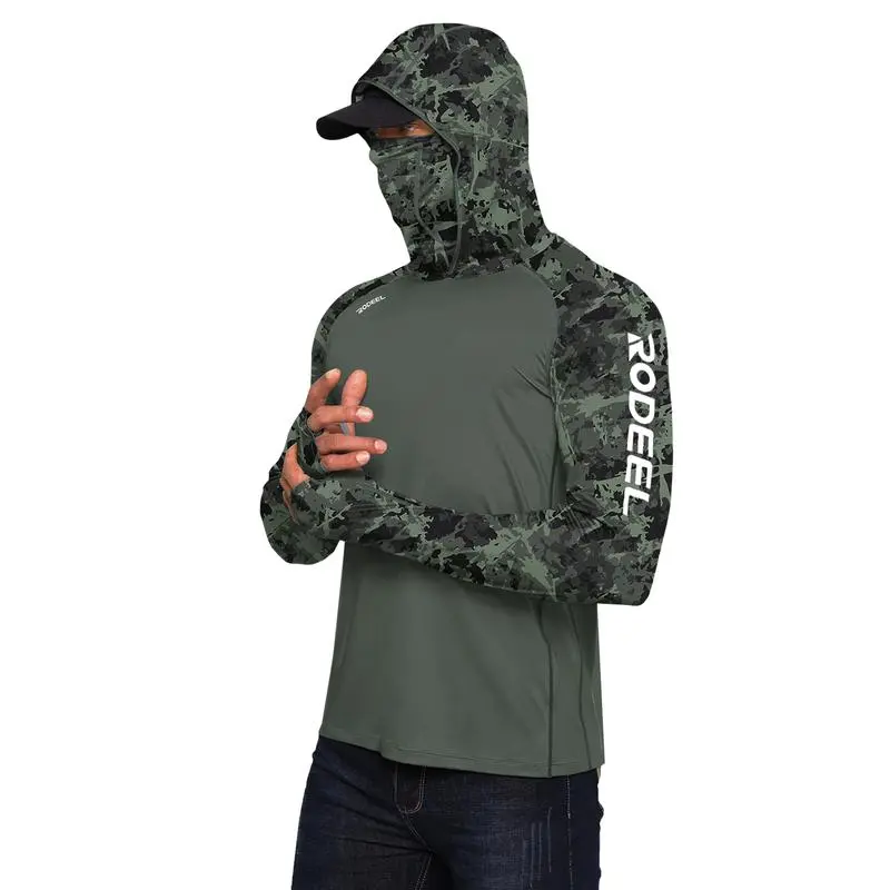 Sun Hoodie Shirt w/ UV Detection Mask Neck Gaiter Thumbhole Men UPF 100+ Sun Protection Raglan Long Sleeve Lightweight Quick Dry Moisture Wicking Breathable Cooling Athletic Activewear for Outdoor Hiking Fishing Construction Roofing Landscaping
