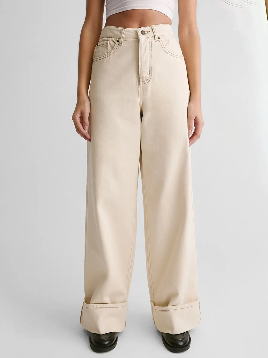 Women's Cream Wide-Leg Cuffed Jeans