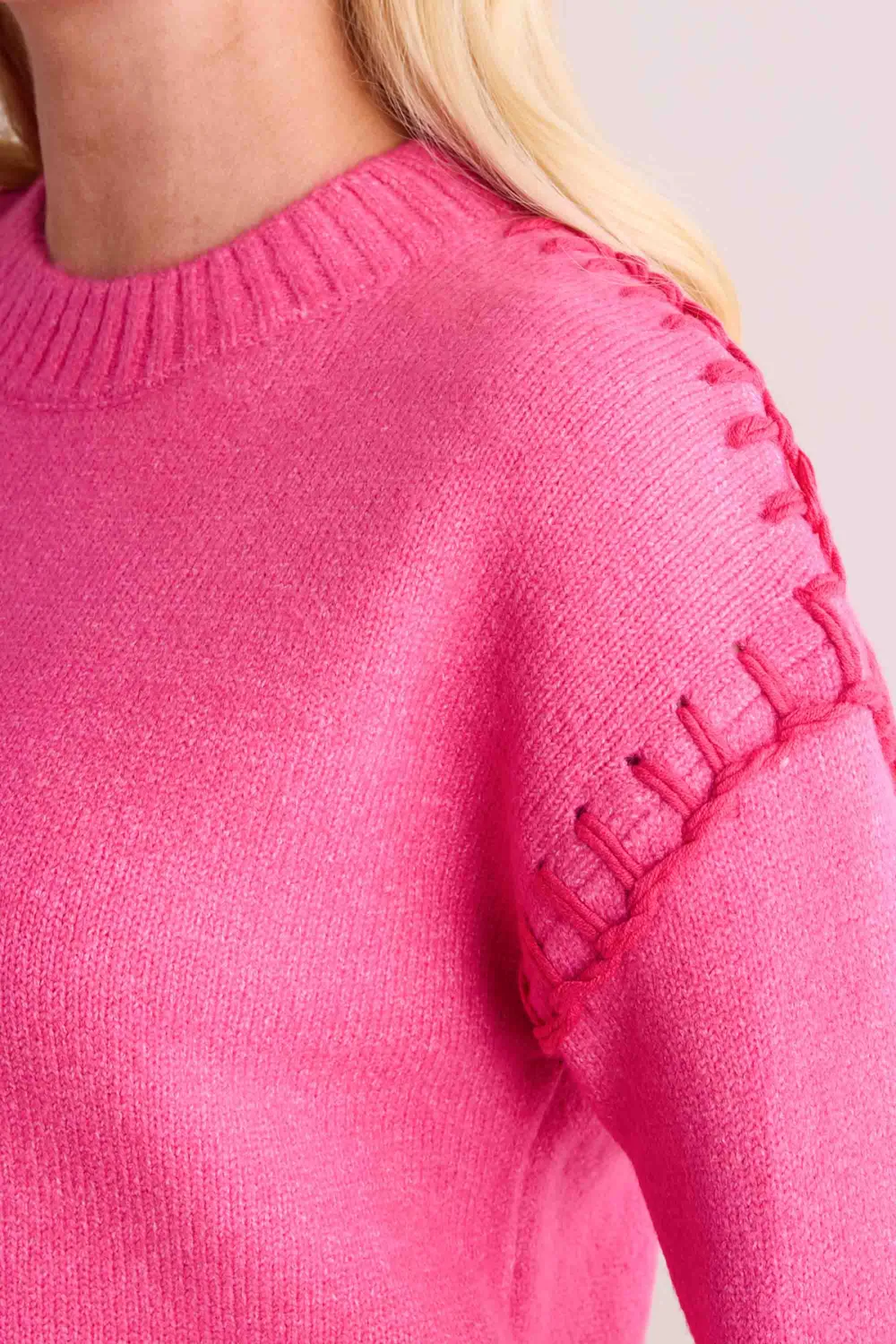 Pink Crew Neck Ruffled Shoulder Long Sleeve Sweater