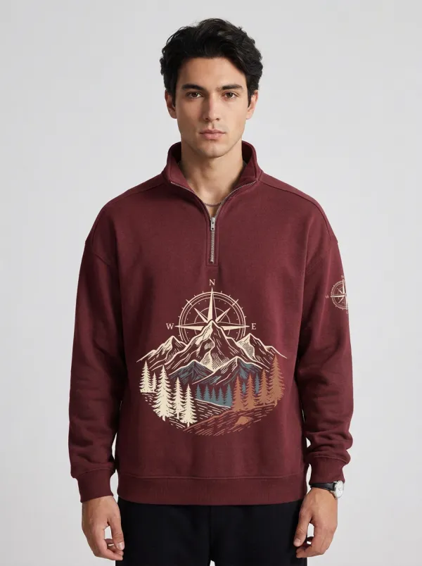 Men's Summit Outdoor Mountain Compass Graphic Zip-Neck Sweatshirt