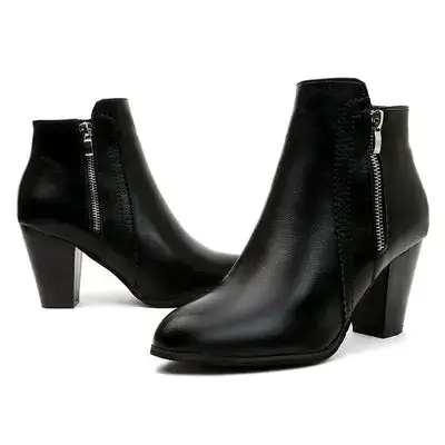 Pu Leather Block Heel Boots
