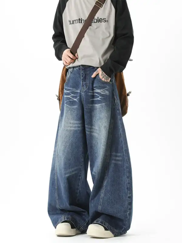 Barrel-Leg Whisker-Fade Washed Jeans