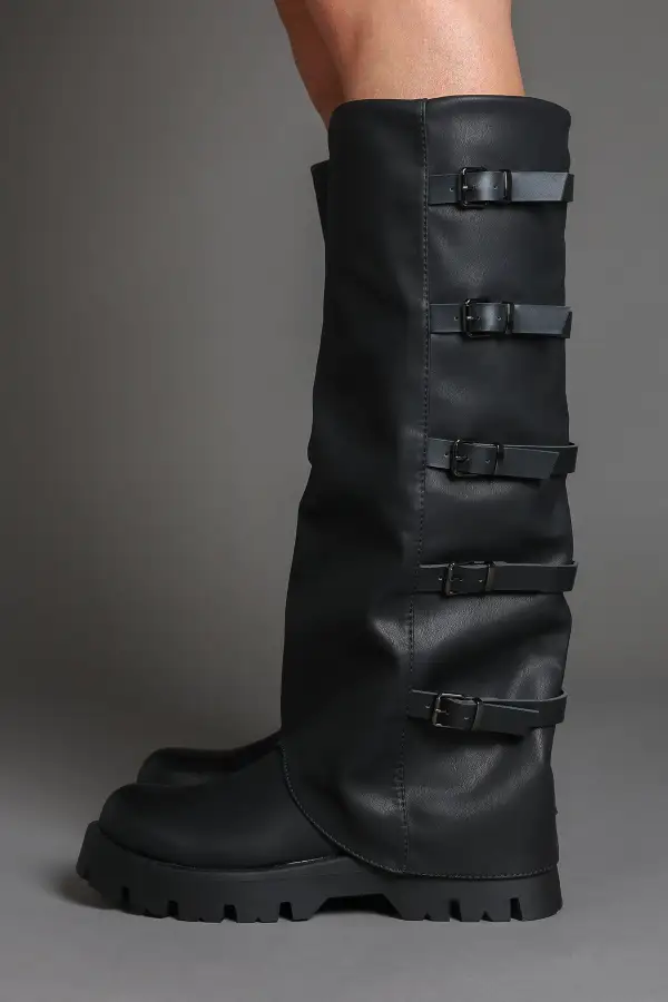 Classic Slouch Fold-Over Chunky Sole Lug Sole Knee High Boots