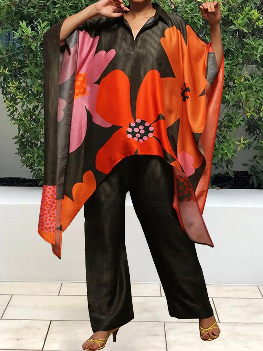 Floral Printing Asymmetrical Hem Kaftan Style Shirt Casual Two-piece Suits