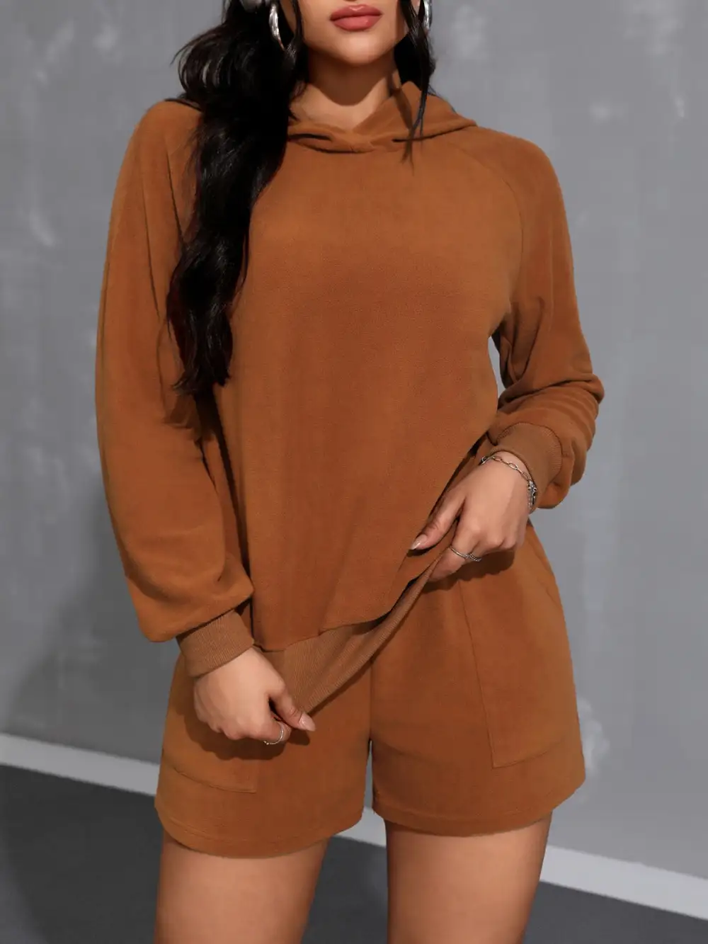 Long Sleeve Hoodie And Pocketed Shorts Set