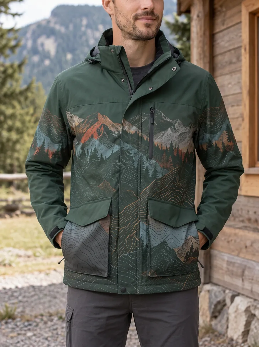 Men's Outdoor Adventure Mountain Forest Topographic Rugged Vista Jacket