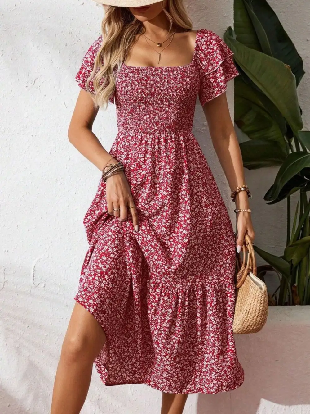 Gathered Detail Floral Printed Ruffle Dress
