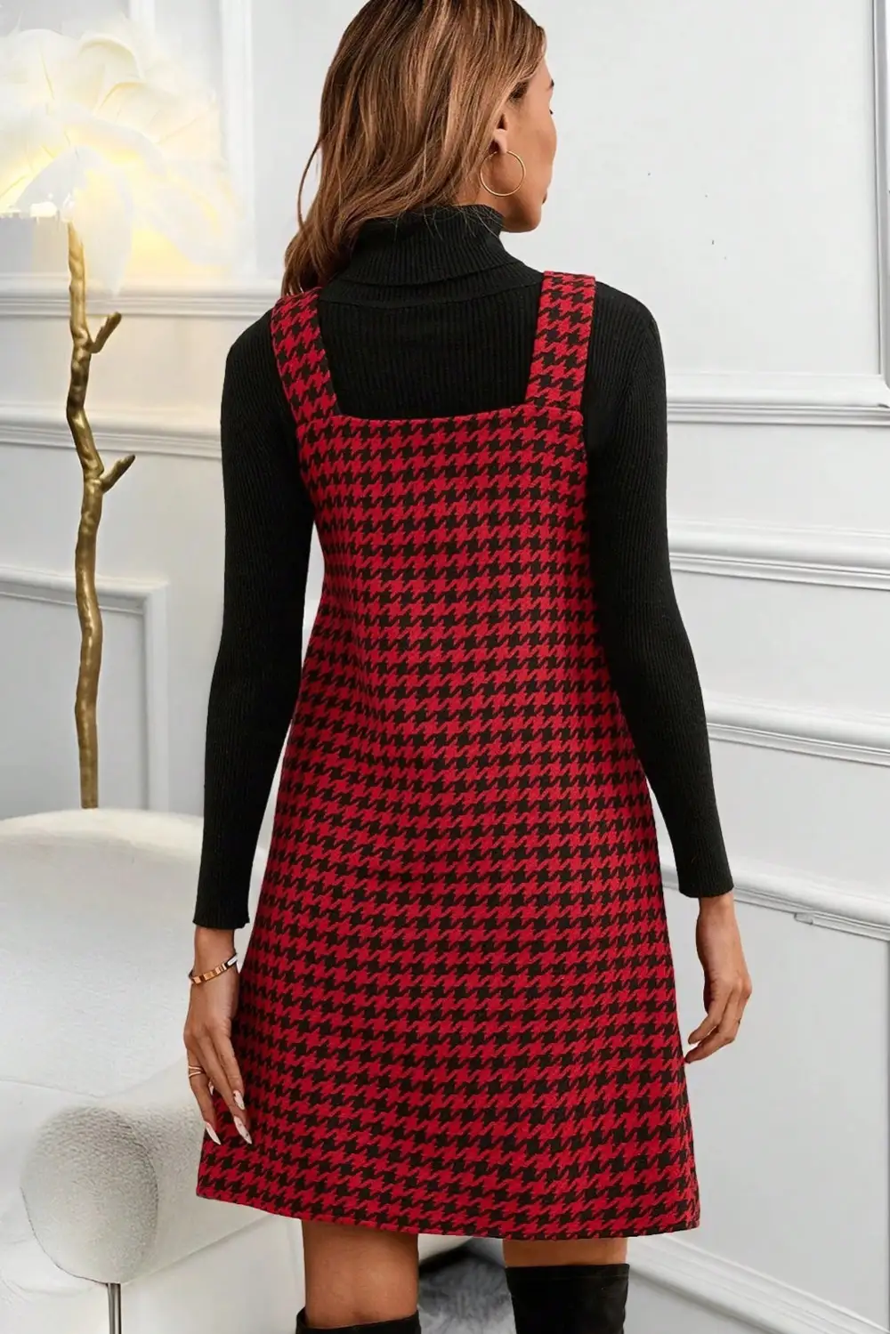 Houndstooth V Neck Sleeveless Mini Dress