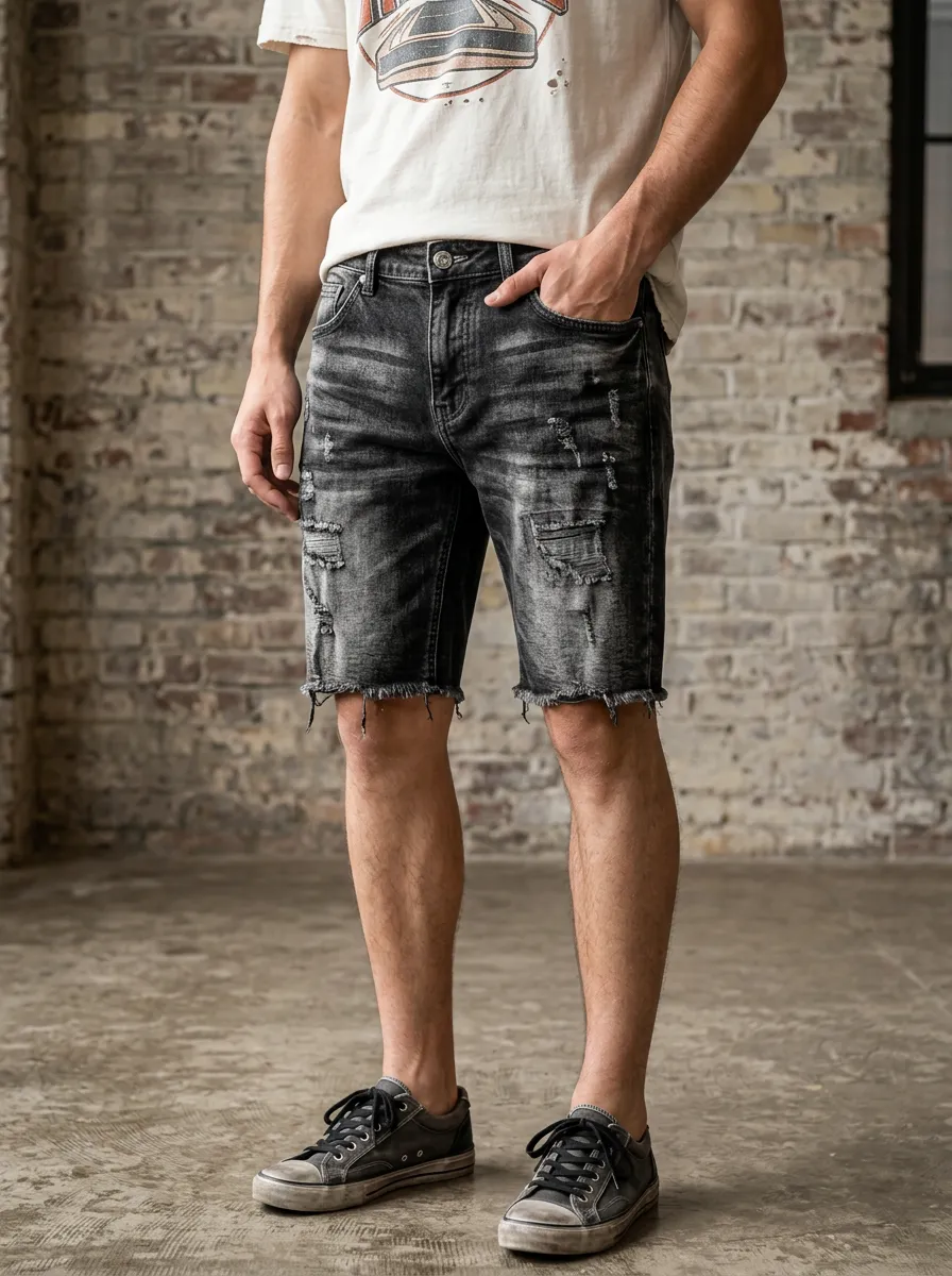 Men's Denim Distressed Denim Shorts Featuring Five Pocket