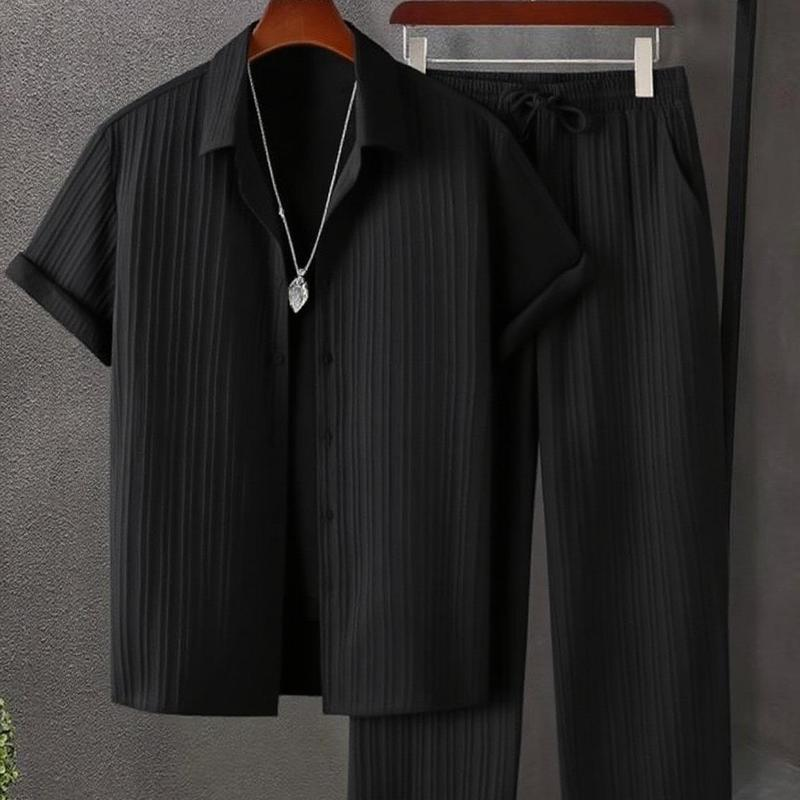 Men's Two-piece Suit Shirt and Elastic Waist Pants Set