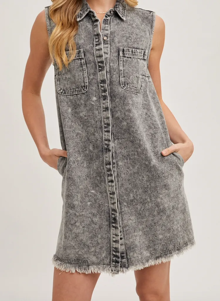 Washed Shirt Dress With Frayed Hem