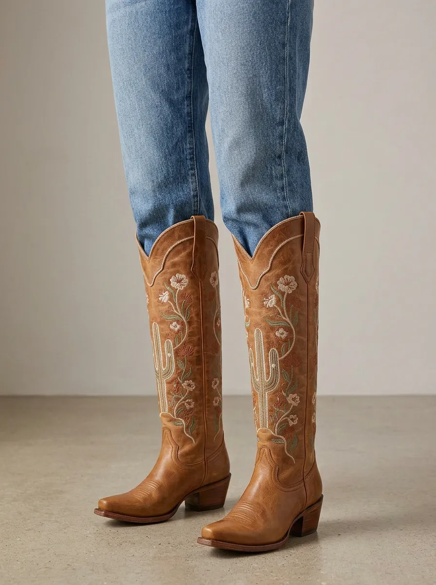 Women's Cactus Floral Embroidered Pointed-Toe Block-Heel Western Denim Over-the-Knee Boots