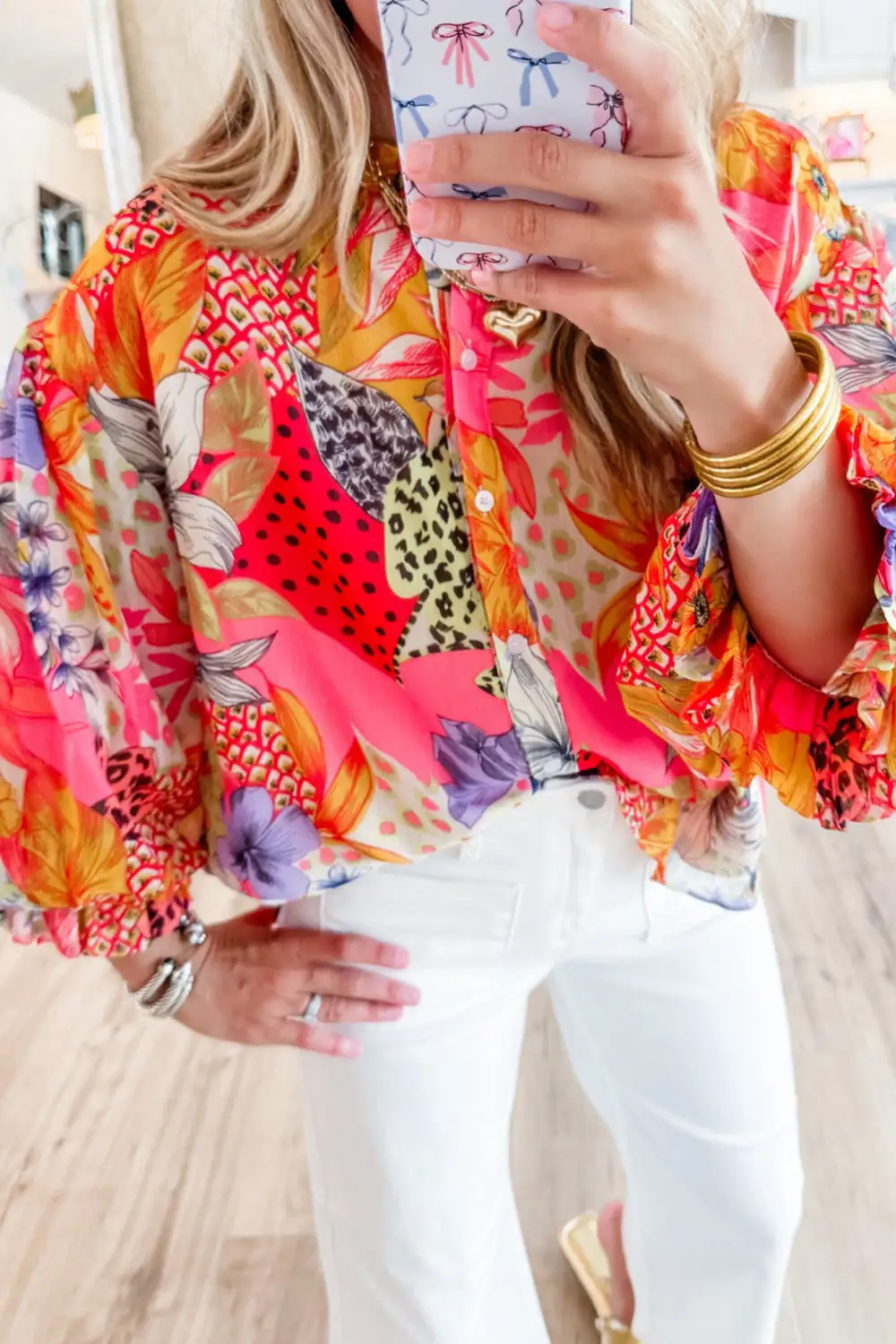 Abstract Floral Print Buttoned Ruffled Bubble Sleeve Shirt