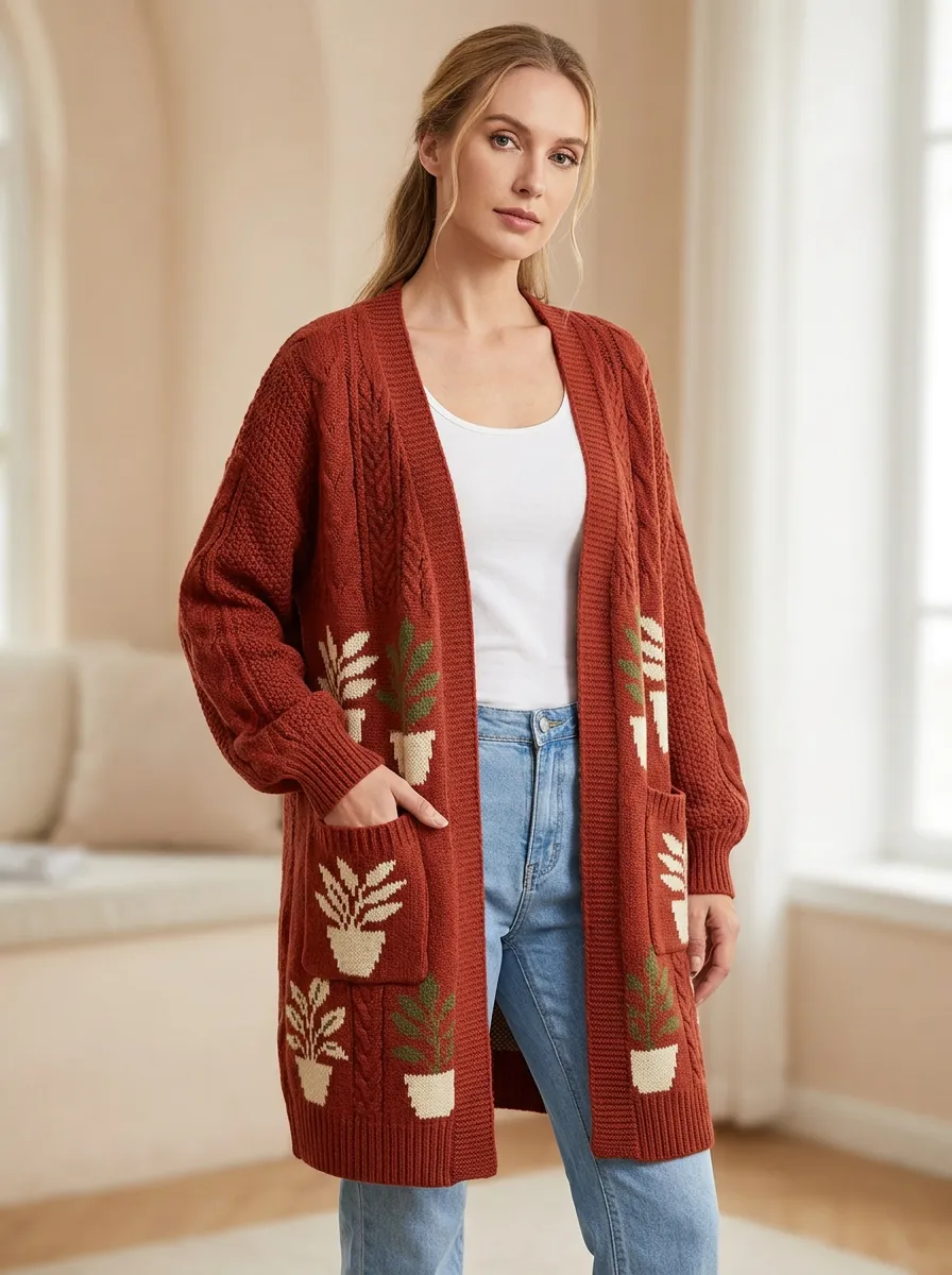 Women's Plant Potted Plant Pattern Knit Long Cardigan