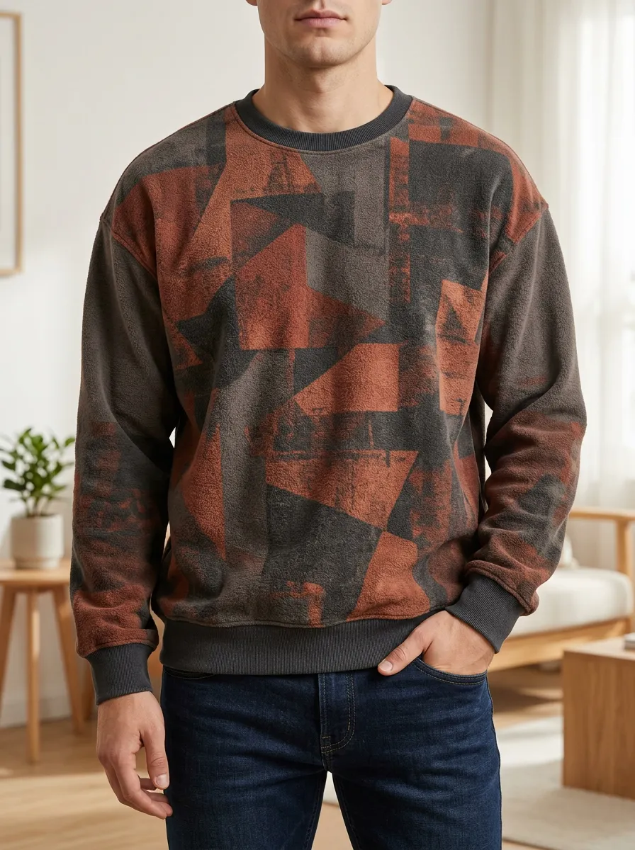 Men's Geometric Pattern Printed Fleece Crewneck Sweatshirt