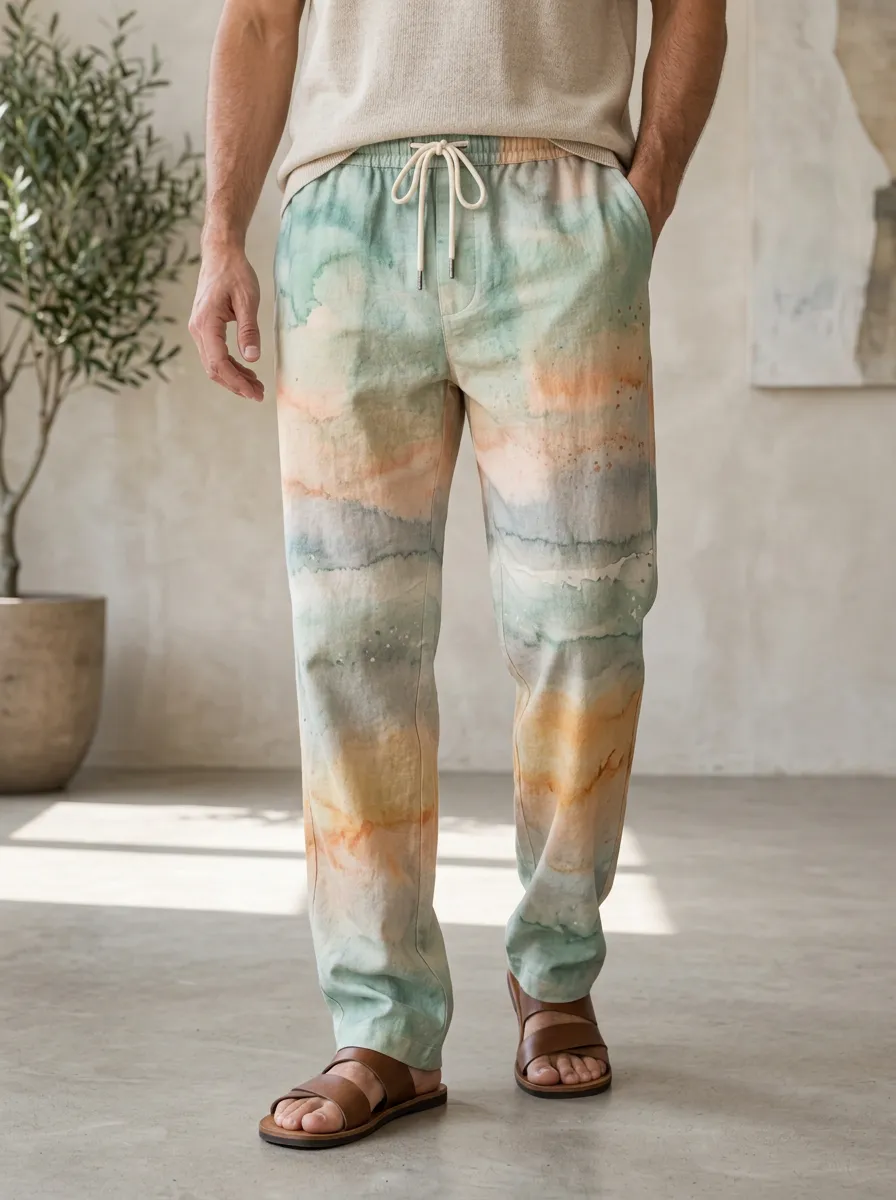 Men's Casual Beach Watercolor Landscape Printed Pants