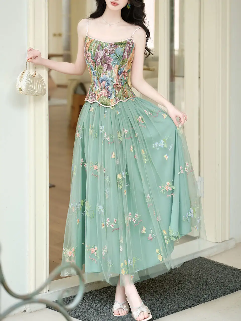 Floral Embroidered Tulle Evening Gown