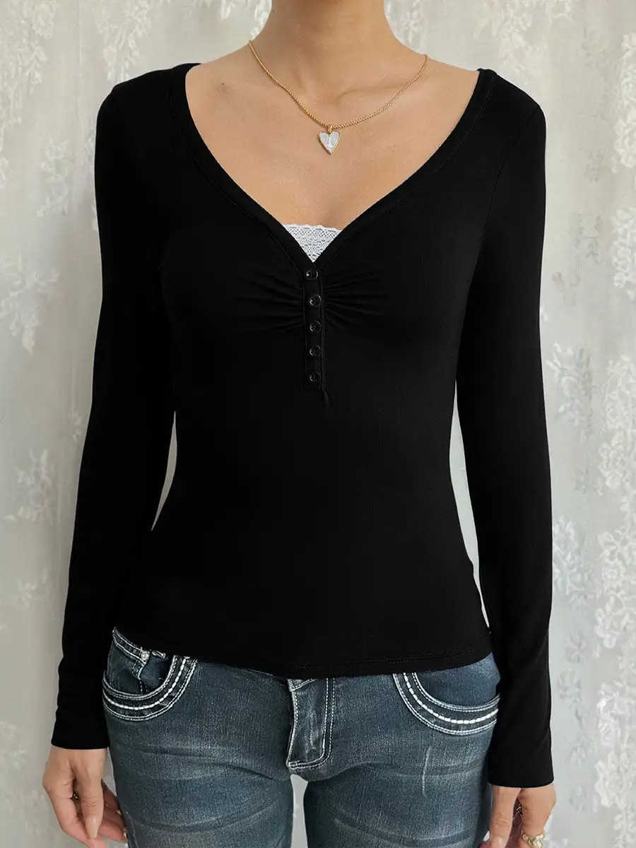 Layered Look Long Sleeve Button Detail Pleat Detail Panel Detail V-Neck T-Shirt