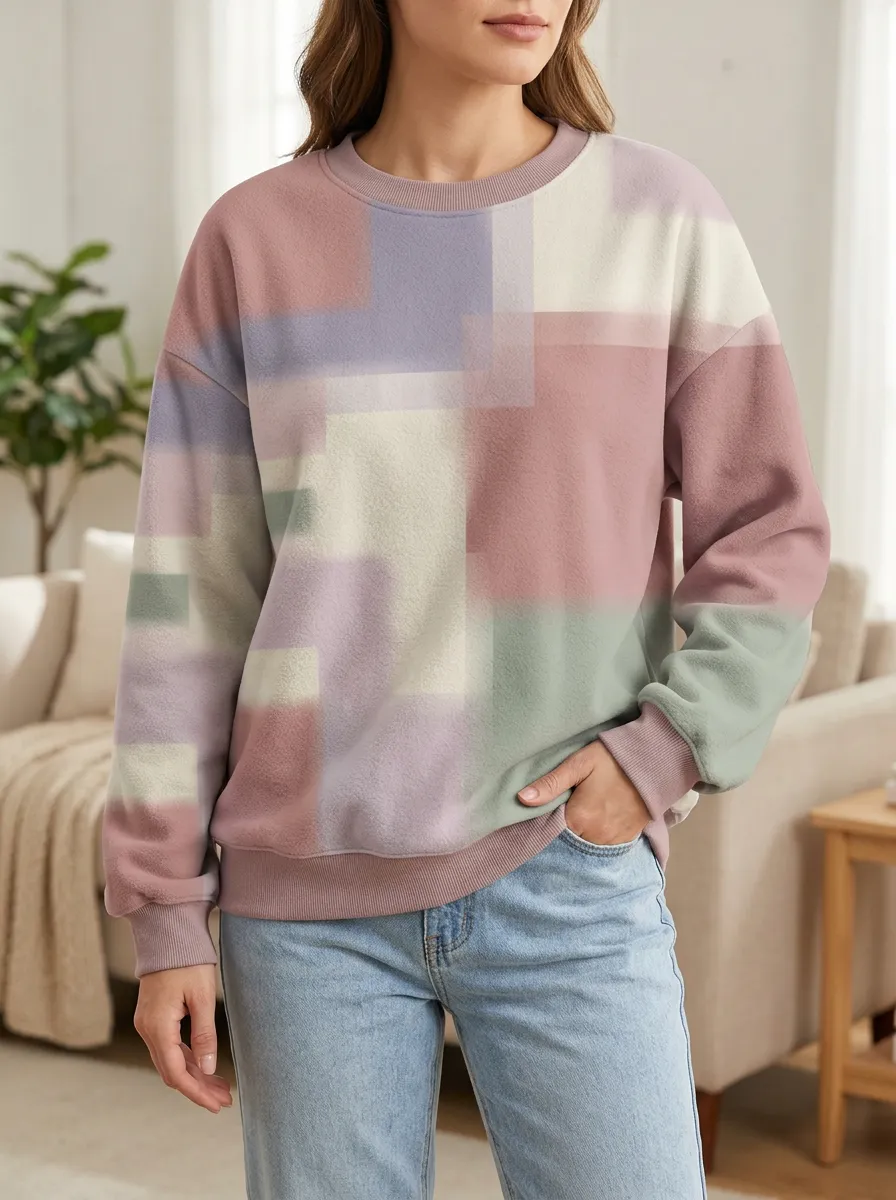 Women's Geometric Color Block Pastel Printed Fleece Sweatshirt
