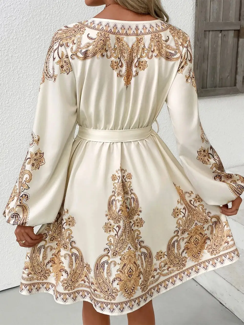 Lightweight Feel Printed Tie Waist Long Sleeve Dress