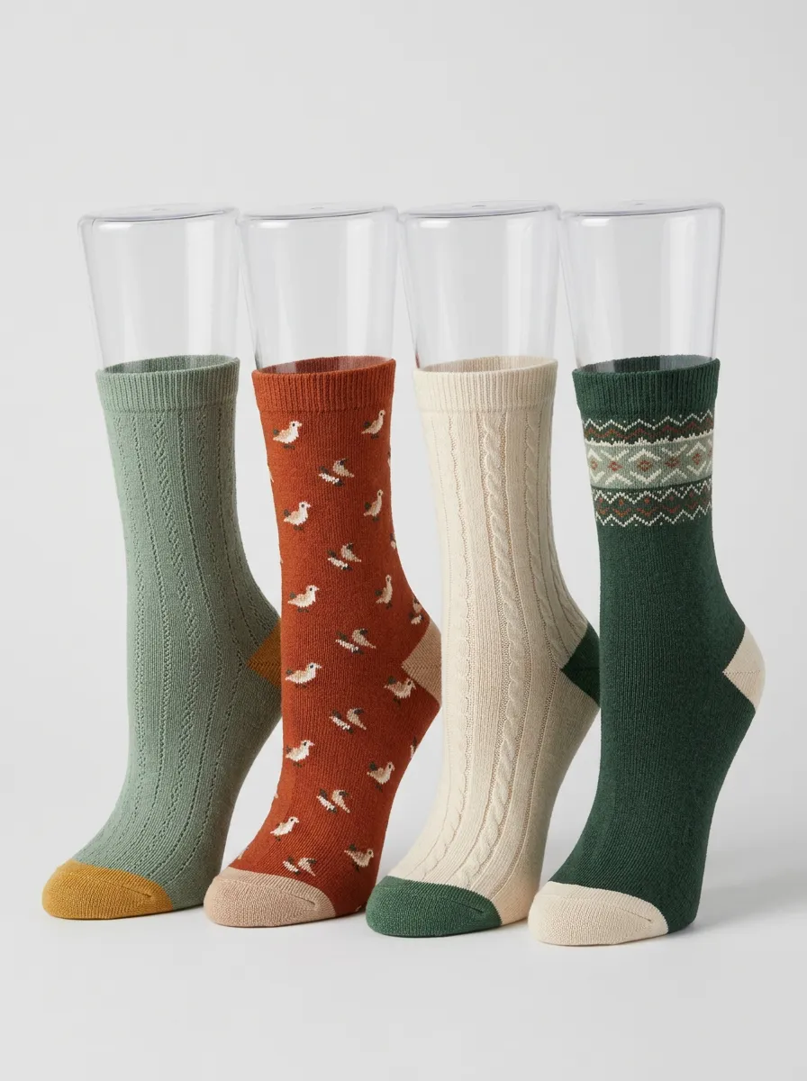 Geometric Bird Vintage Four-Pair Casual Socks