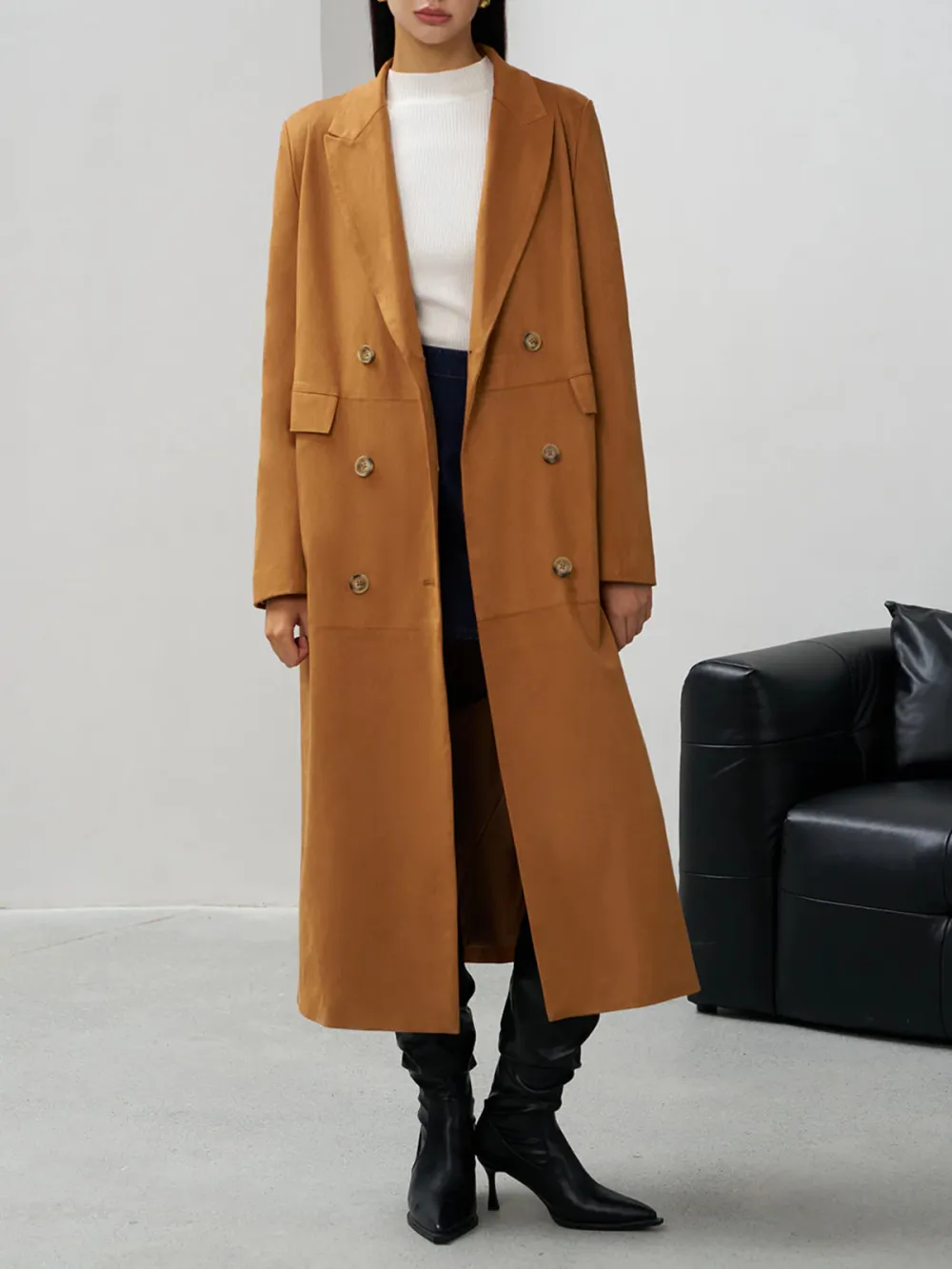 Suede Plain Double-Breasted Long Blazer