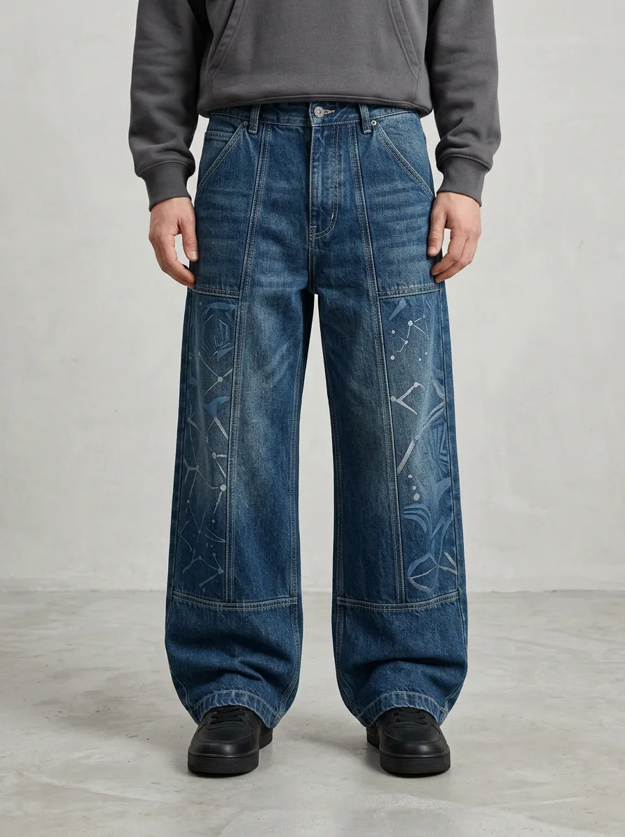 Wide Leg Constellation Graphic Men's Loose Fit Jeans