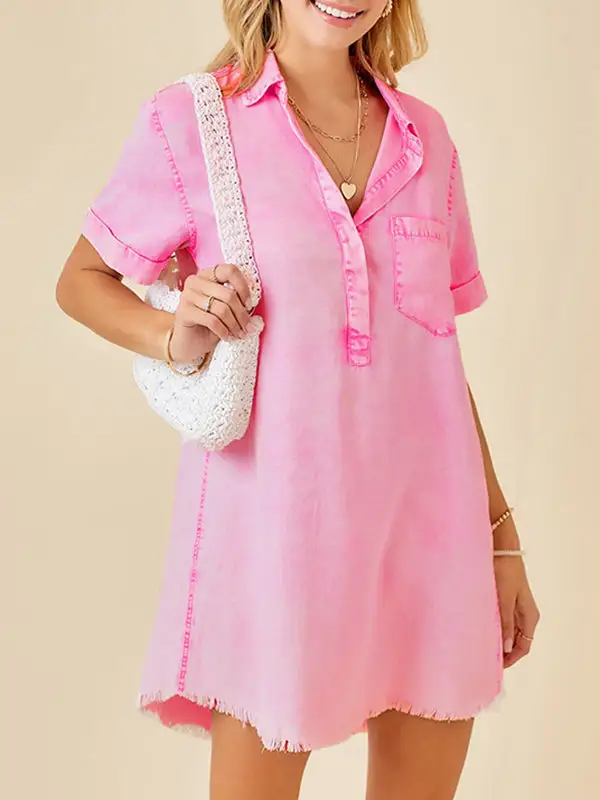 A Line Relaxed Fringed Pleated Pocket Split Joint Lapel Mini Dress