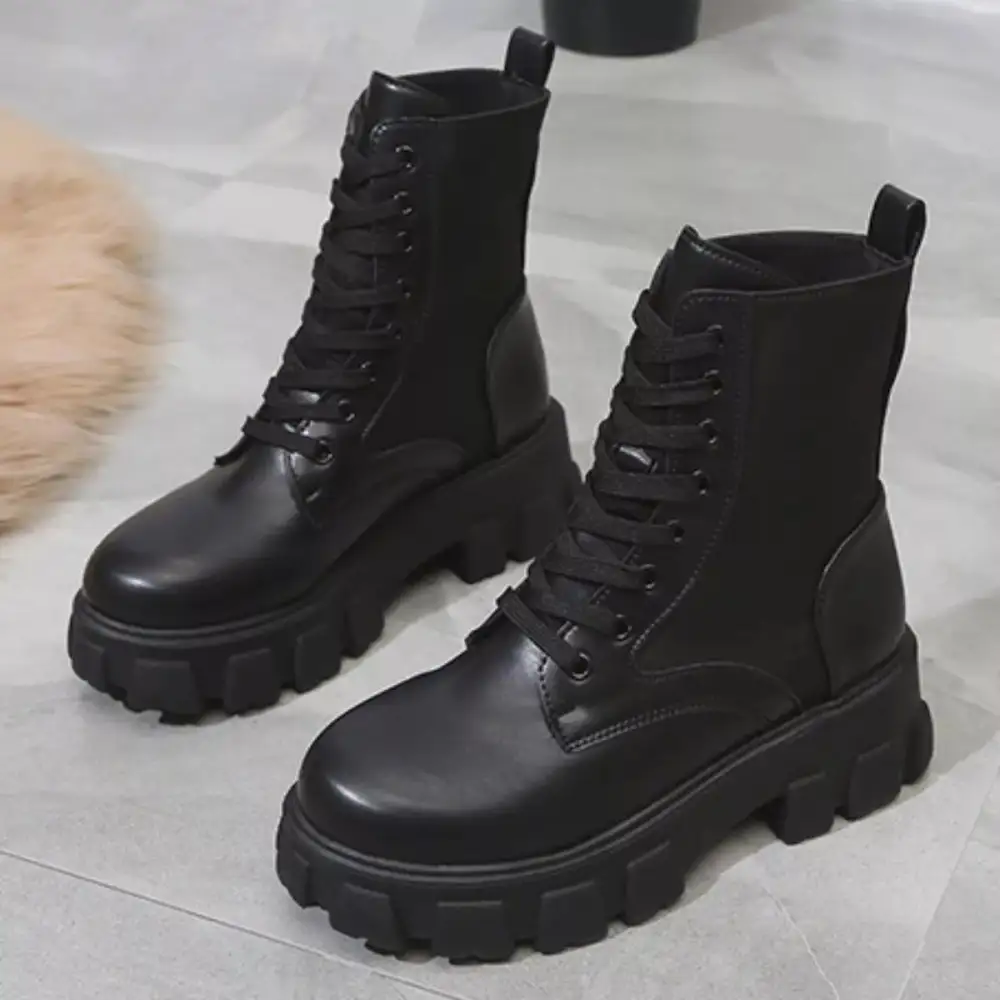 Textured Lace Up Platform Ankle Boots