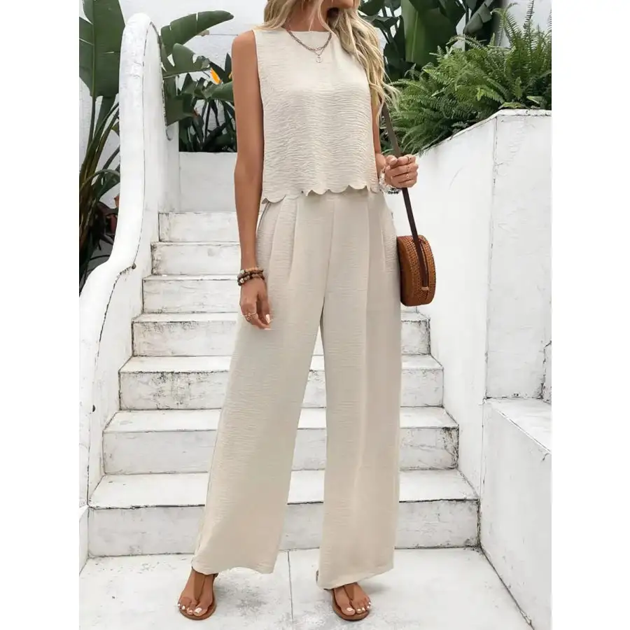 Tie Back Round Neck Top and Pants Set
