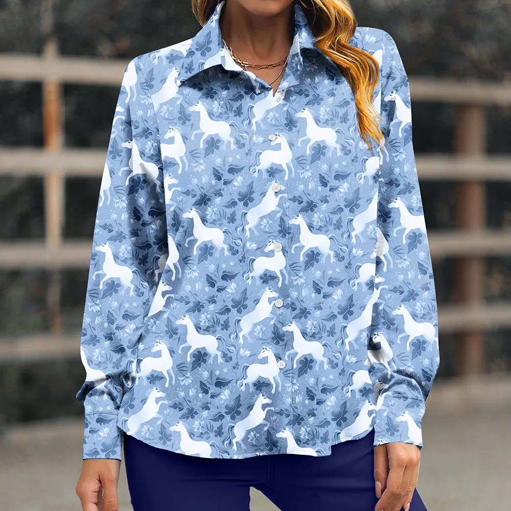 Women's Floral Horses Print Long Sleeve Lifestyle Casual Button Shirt