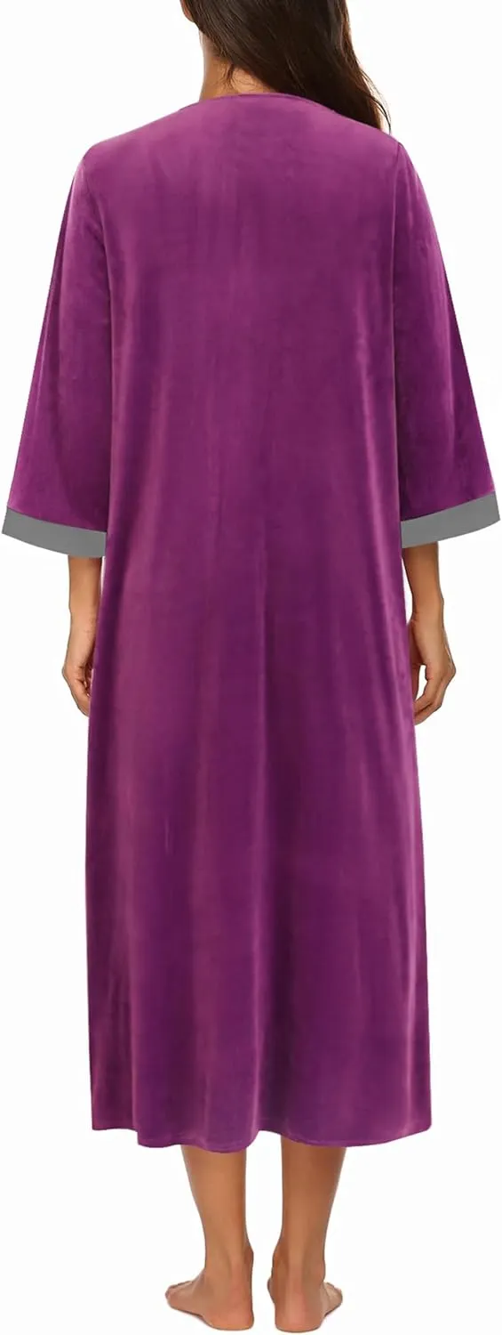 50% OFF Women Zipper Robe 3/4 Sleeves Loungewear Dress Full Length Sleepwear Pockets Housecoat Nightgown Long Bathrobe