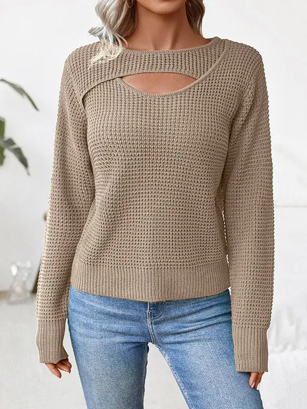 Openwork Paneled Round Neck Long Sleeve Relaxed Fit Pullover Sweater
