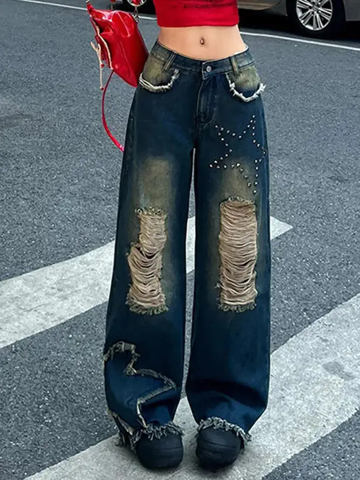 Star Rhinestone Gradient Low Waist Loose Jeans
