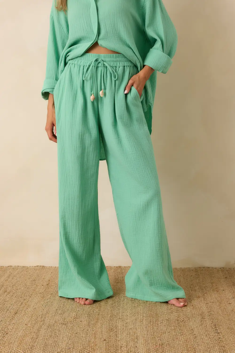 Seaglass Green Textured Wide Leg Pants