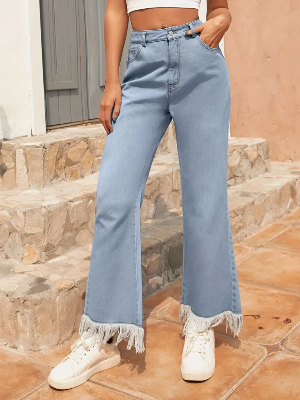 Flare Leg Raw Hem Pocketed Denim Jeans