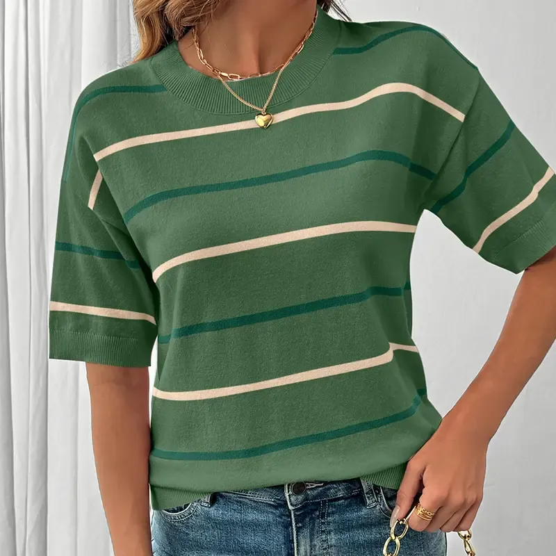 Women'S Short-Sleeved Striped Sweatshirt For Spring And Summer