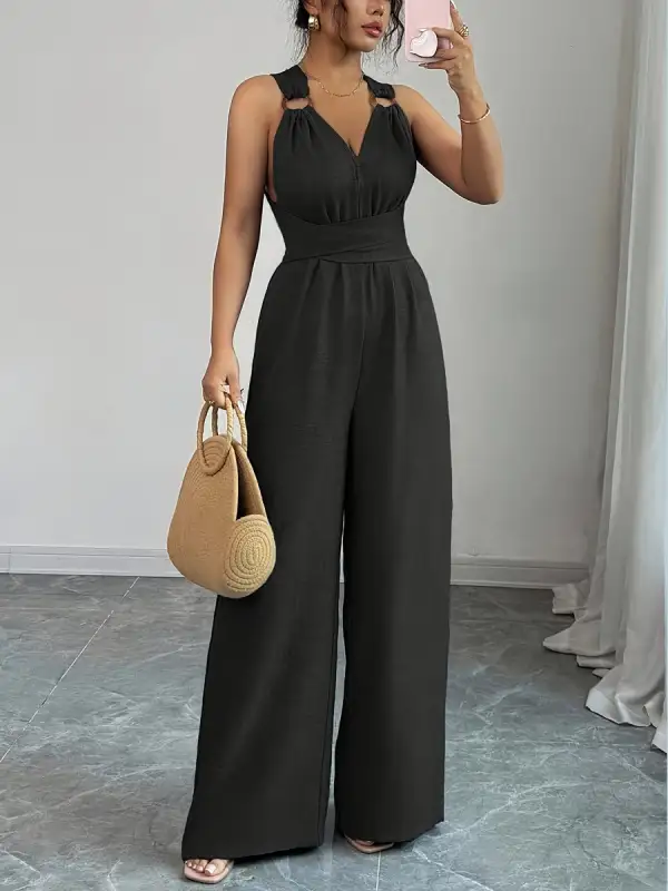 Hoog Getailleerde Mouwloze Rugloze Effen Kleur Gebonden Jumpsuits