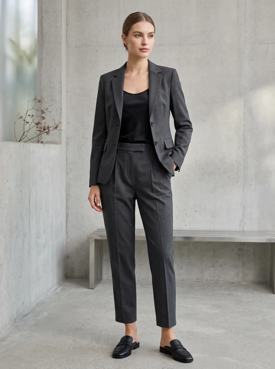 Women's Two Button Professional Business Charcoal Grey Tailored Suit Set