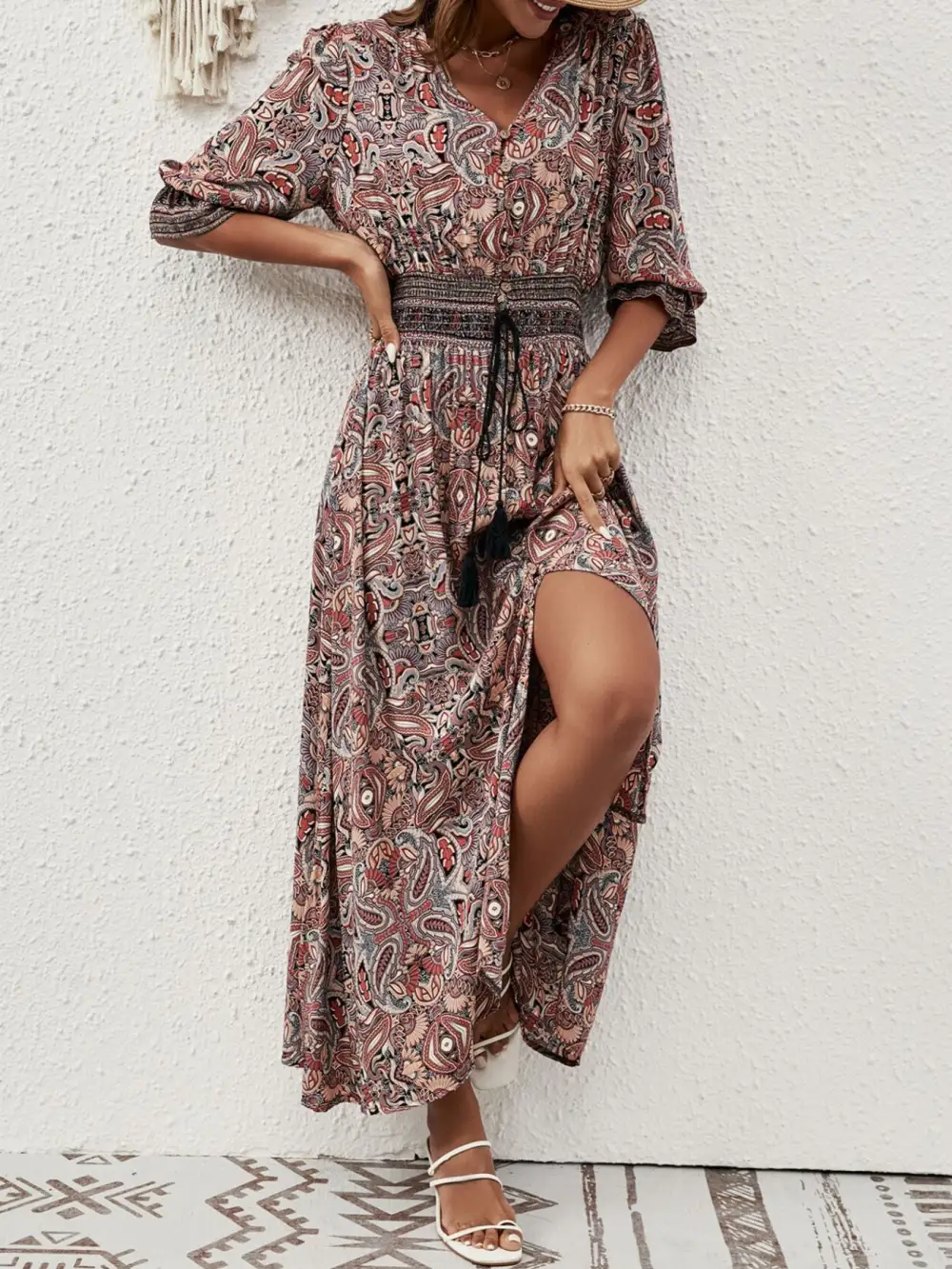 Paisley Print Slit Short Sleeve Midi Dress