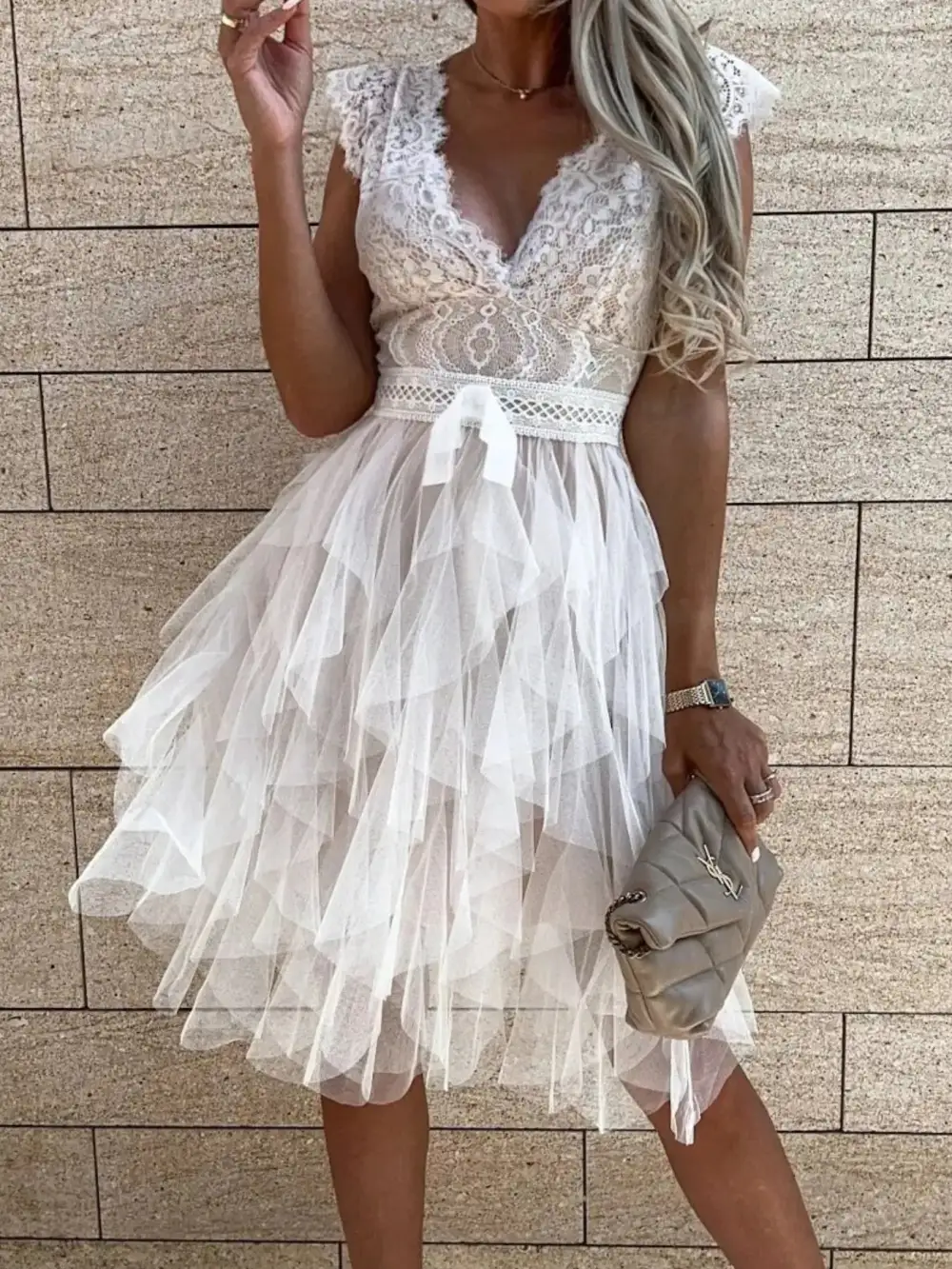 V-Neck Ruffled Lace Trim Midi Dress