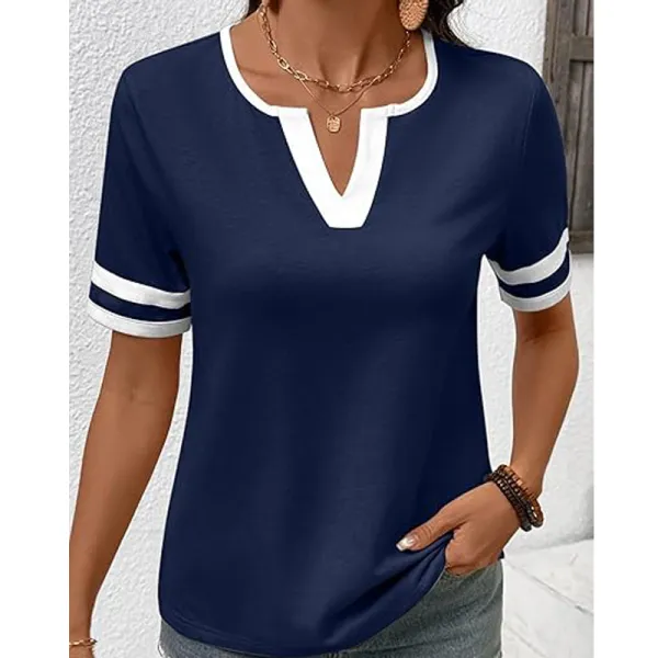 Spring/Summer Women's Casual Color Block V-Neck T-Shirt