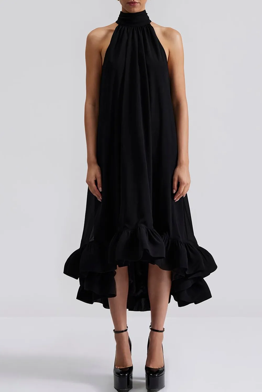 Halter Neck Asymmetric Hem Maxi Dress